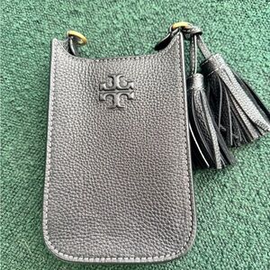 Tory Burch Black Pebbled Leather Phone Cover with Tassels
